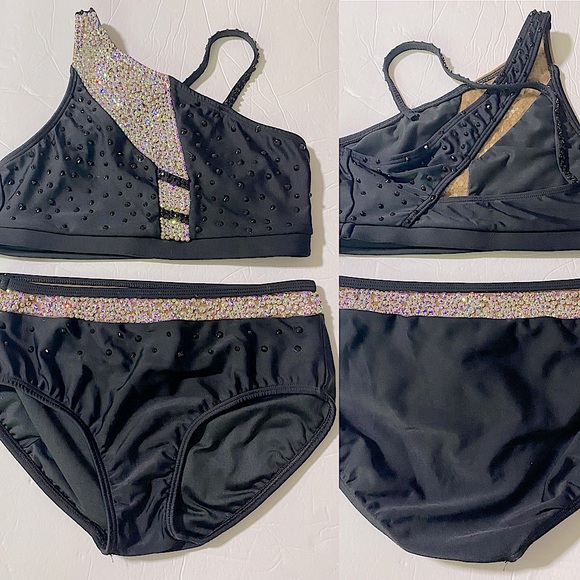 AA dance design costume black 2 piece rhinestoned custom  mesh cutout MA adult - Picture 3 of 11